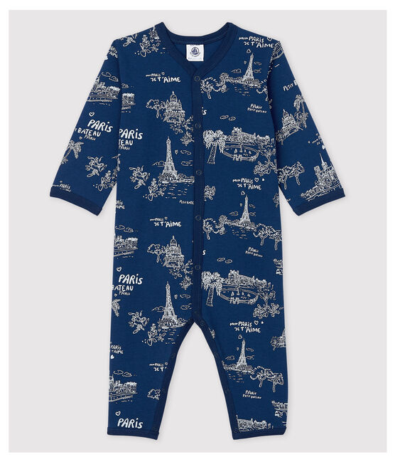 Tutina pigiama senza piedi tela di Jouy Parigi bebè in cotone blu MEDIEVAL/bianco ECUME