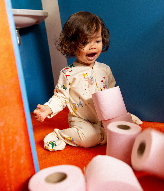 Tutina pigiama Paris beb&egrave; in tessuto felpato ecru/multicolore