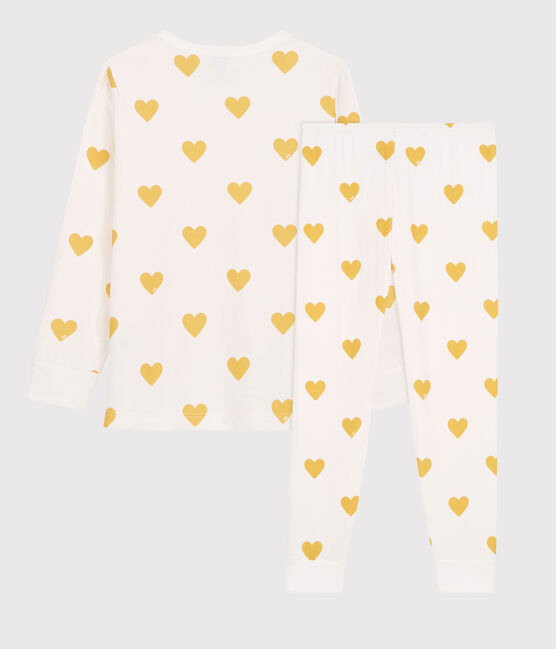 Pigiama bambina/bambino a cuori in tubique di cotone biologico bianco MARSHMALLOW/giallo OCRE