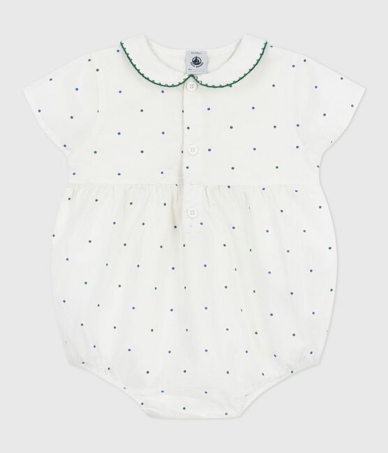 Pagliaccetto a maniche corte neonato in cotone con scollo e stampa a pois bianco MARSHMALLOW/bianco MULTICO
