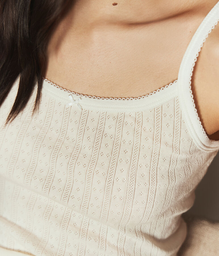 Canottiera con spalline in cotone traforato donna ecru