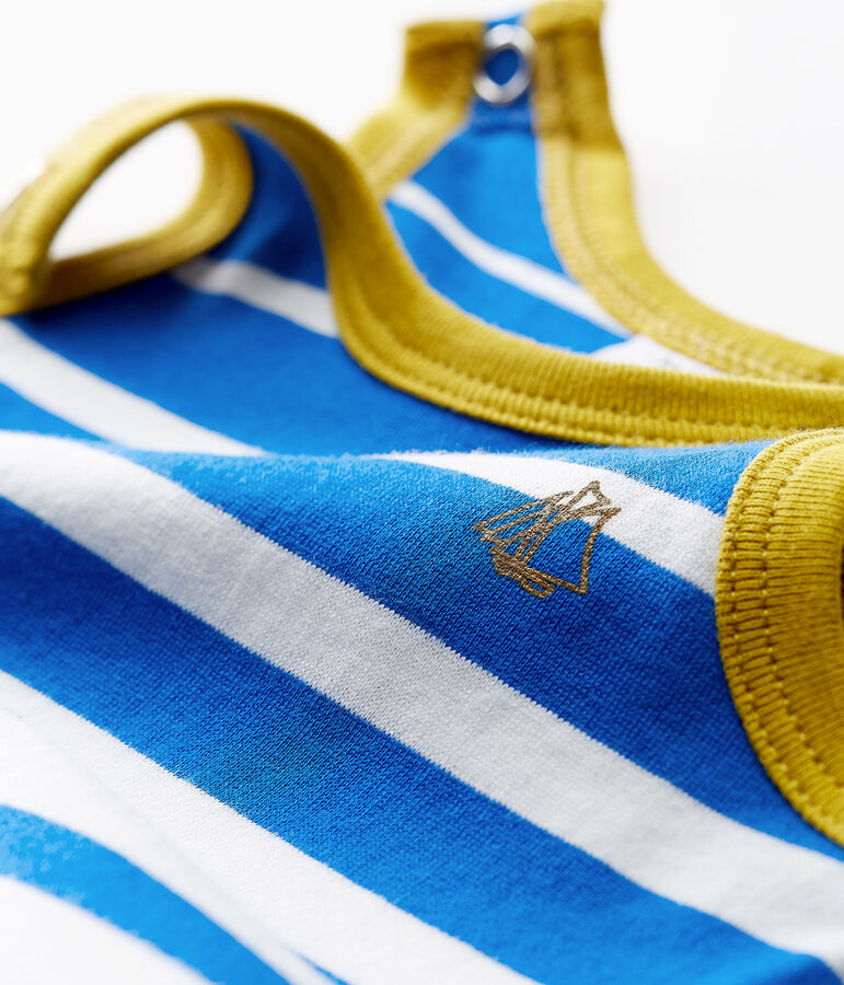 Tutina corta neonato in jersey leggero a righe piazzate blu/bianco