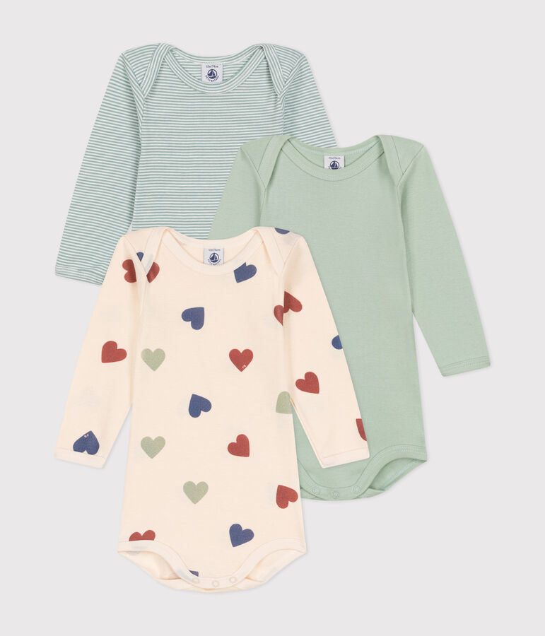 Confezione da 3 body a maniche lunghe in cotone con tre cuori stampati neonato multicolore