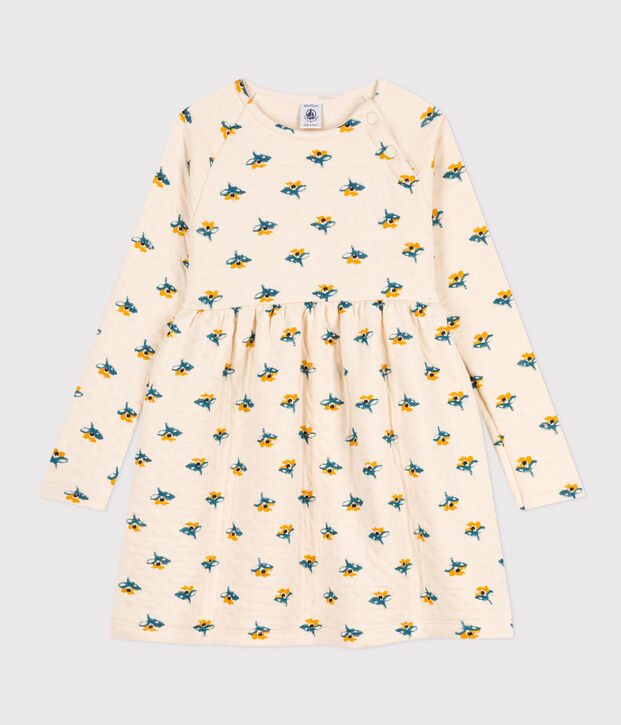 Abito a maniche lunghe in tubique fantasia bambina ecru/multicolore