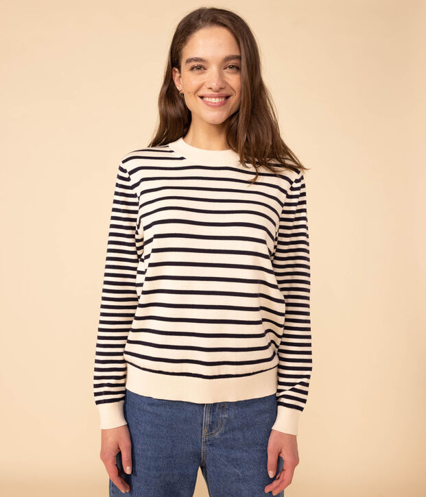Maglione in cotone marini&egrave;re Donna ecru/blu