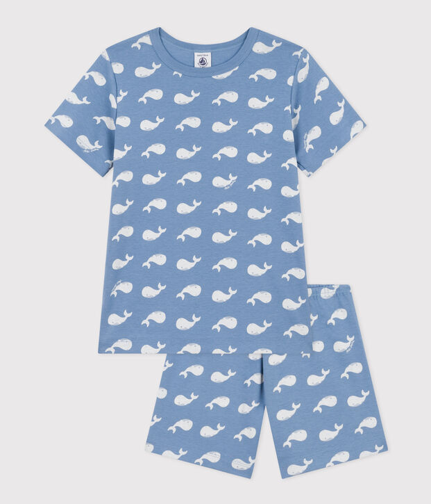 Pigiama short in cotone fantasia balena bambino blu/bianco