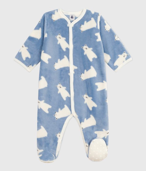 Tutina imbottita invernale in pile con orsi stampati neonato blu/ecru