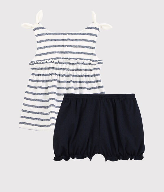 Insieme blusa + bloomer in cotone/lino bebè femmina bianco MARSHMALLOW/blu MEDIEVAL