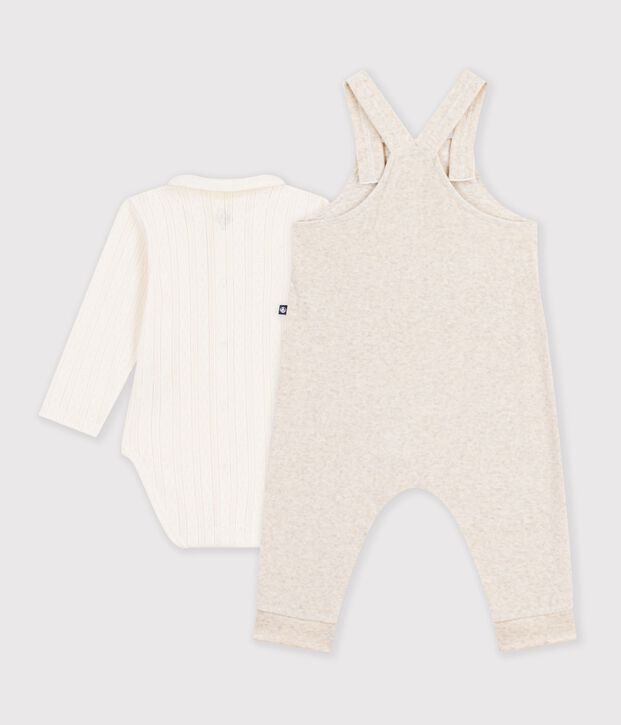 Set salopette e body con colletto in cotone tinta unita neonato ecru/ecru