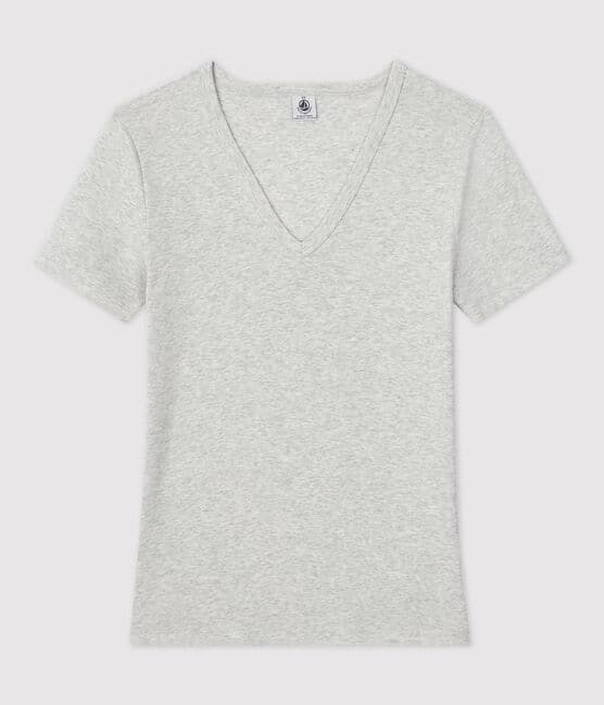 T-shirt L'ICONIQUE scollo a V in cotone Donna grigio BELUGA CHINE