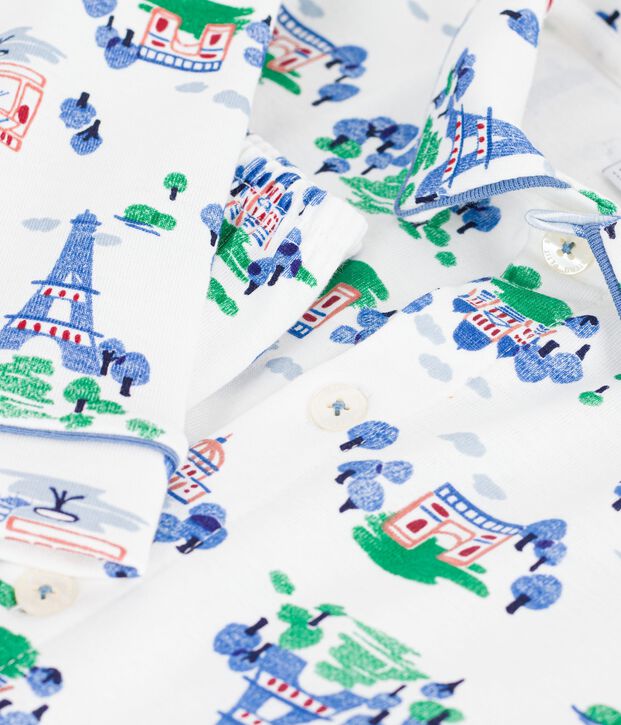 Pigiama bambino in cotone con bottoni e stampa Parigi bianco/multicolore