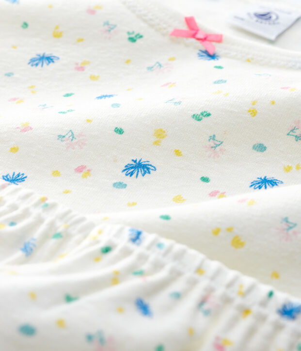 Pigiama corto a fiori bambina in cotone e lino bianco/multicolore