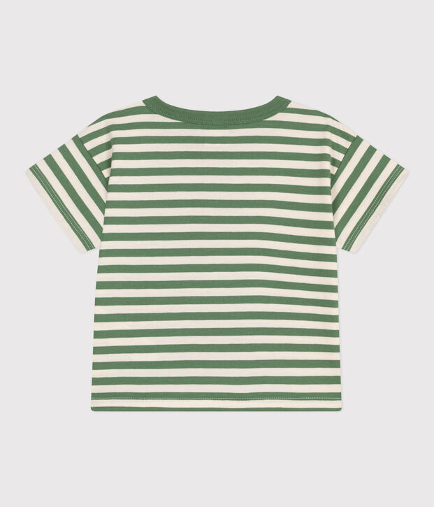 T-shirt a maniche corte in cotone a righe neonato verde/ecru