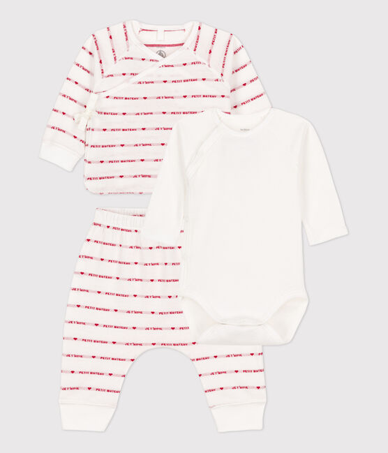 Completo 3 pezzi jacquard bebè in cotone biologico bianco MARSHMALLOW/rosso TERKUIT