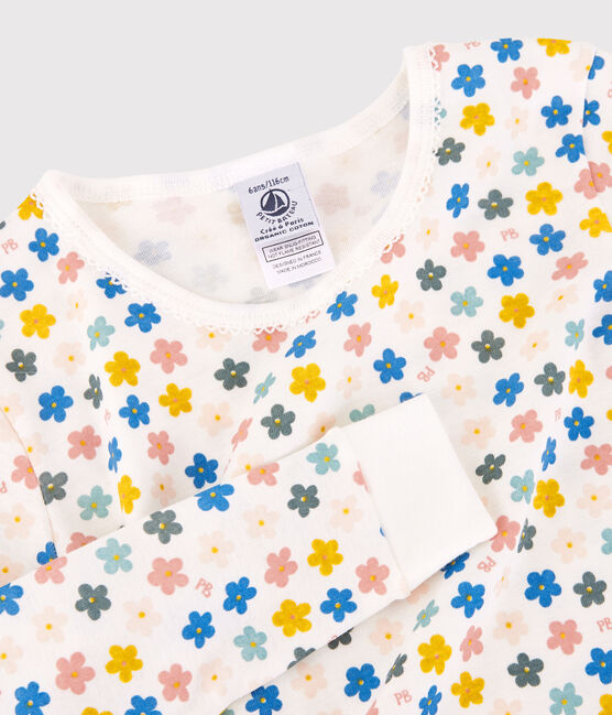 Pigiama snugfit a fiori fosforescenti effetto retrò bambina in cotone bianco MARSHMALLOW/bianco MULTICO