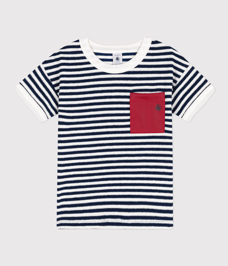 T-shirt bambino in spugna bouclette a righe blu/bianco