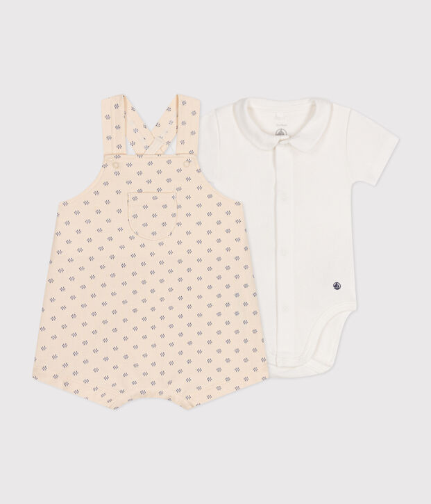 Completo salopette in felpa leggera beb&egrave; ecru/multicolore