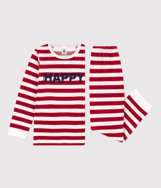 Pigiama bambino unisex in ciniglia a righe rosso/bianco