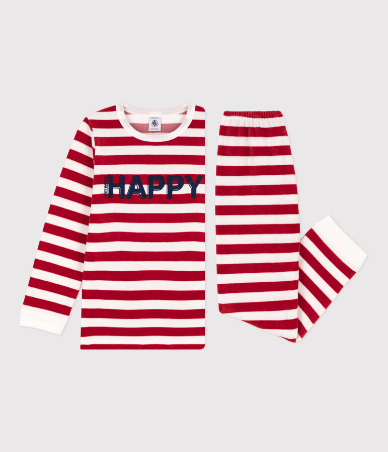 Pigiama bambino unisex in ciniglia a righe rosso/bianco