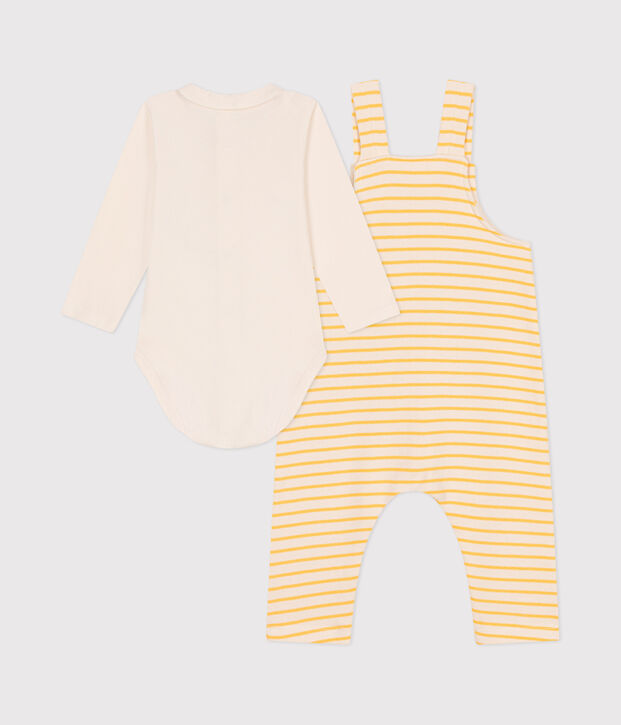 Set completo di salopette e body in cotone per neonato ecru/giallo