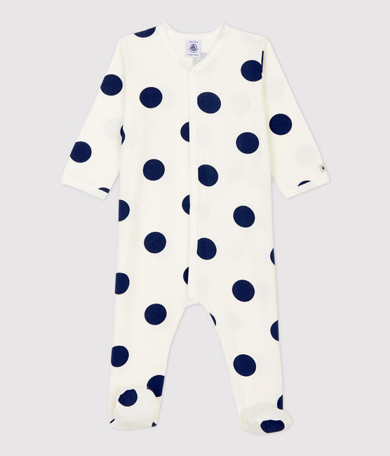 Tutina pigiama bebè a pois in cotone biologico bianco MARSHMALLOW/blu MEDIEVAL