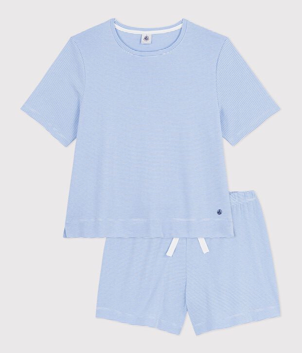 Pigiama corto donna in cotone a righe blu/bianco