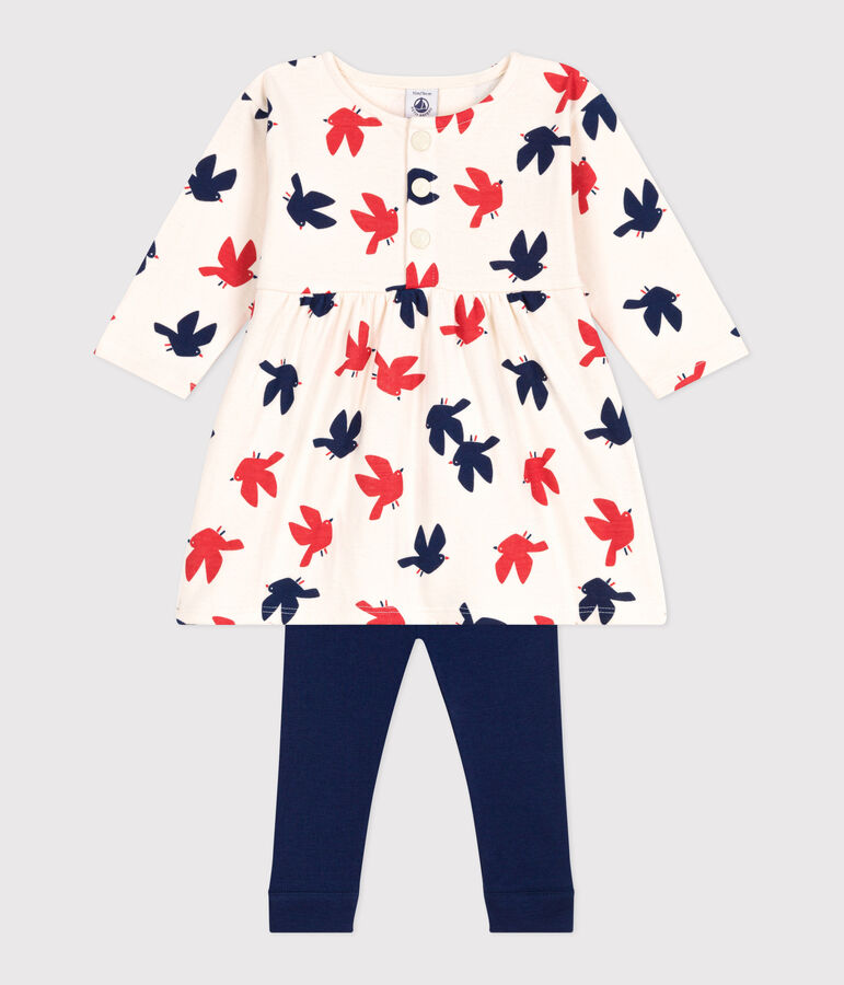 Abito a maniche lunghe in cotone e leggings con uccellini stampati neonato ecru/multicolore