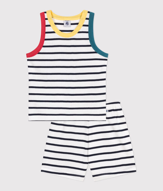 Pigiama corto con canotta in cotone a righe bambino bianco MARSHMALLOW/blu SMOKING
