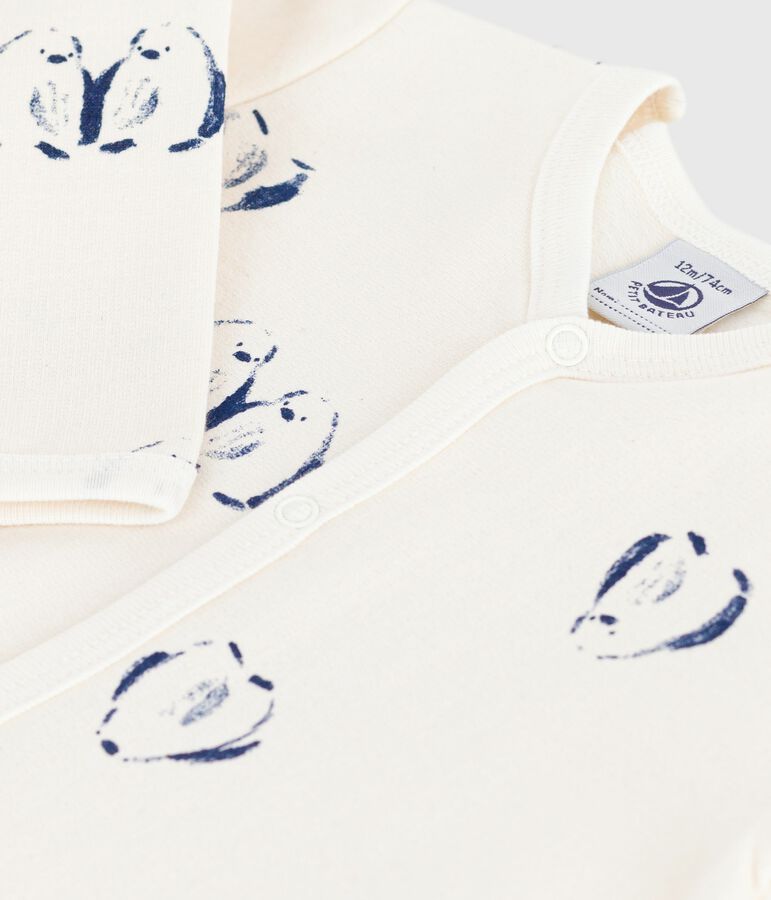 Pigiama in tessuto felpato spazzolato con colletto a petalo con stampa a fiori neonato ecru/multicolore