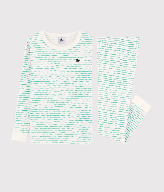 Pigiama snugfit fantasia onde verdi bambino in cotone bianco MARSHMALLOW/ VERT