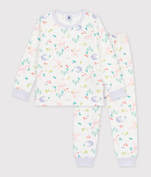 Pigiama bambino in tessuto felpato con draghi stampati bianco/multicolore