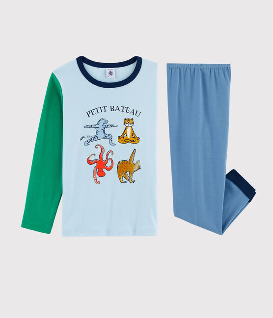 Pigiama animali yoga bambino a costine blu ALASKA/bianco MULTICO