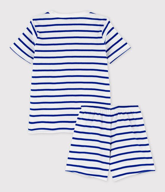 Pigiama corto bambino a righe in cotone bianco MARSHMALLOW/blu SURF