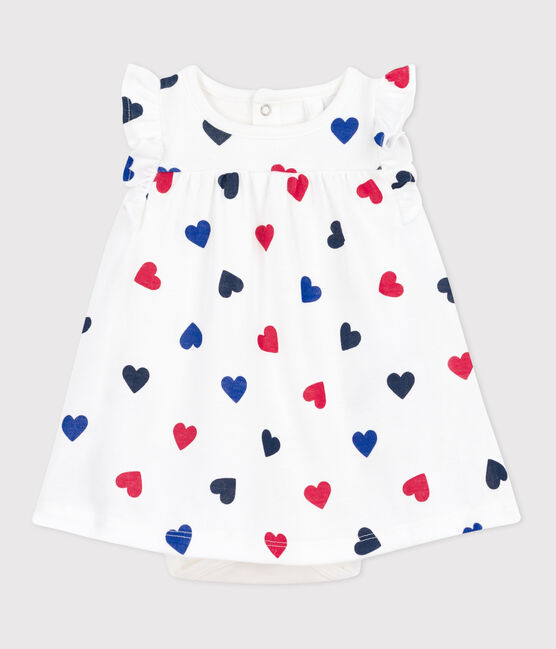 Abito a maniche corte in cotone e body integrato a tre cuori neonata bianco MARSHMALLOW/bianco MULTICO