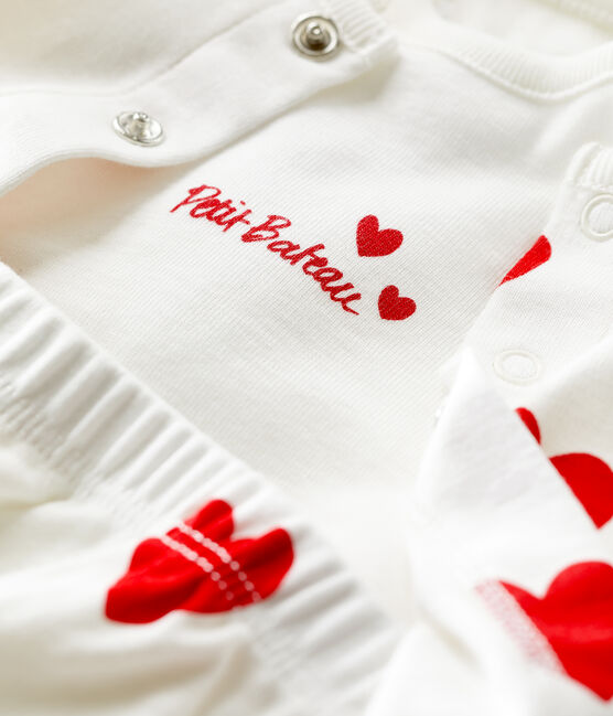 Completo 3 pezzi bebè in cotone biologico a cuori bianco MARSHMALLOW/rosso TERKUIT