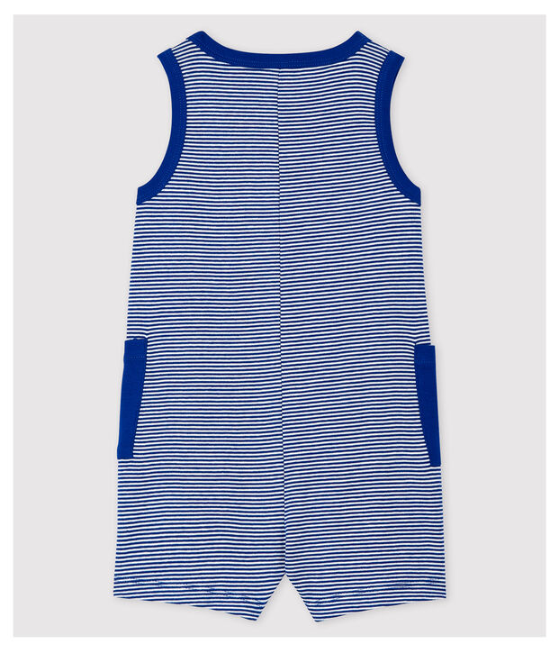 Tutina corta in costina a righe beb&egrave; maschio blu/bianco