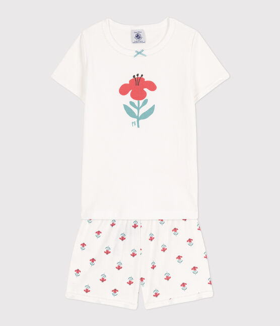 Pigiama corto a fiori bambina in cotone bianco MARSHMALLOW/bianco MULTICO