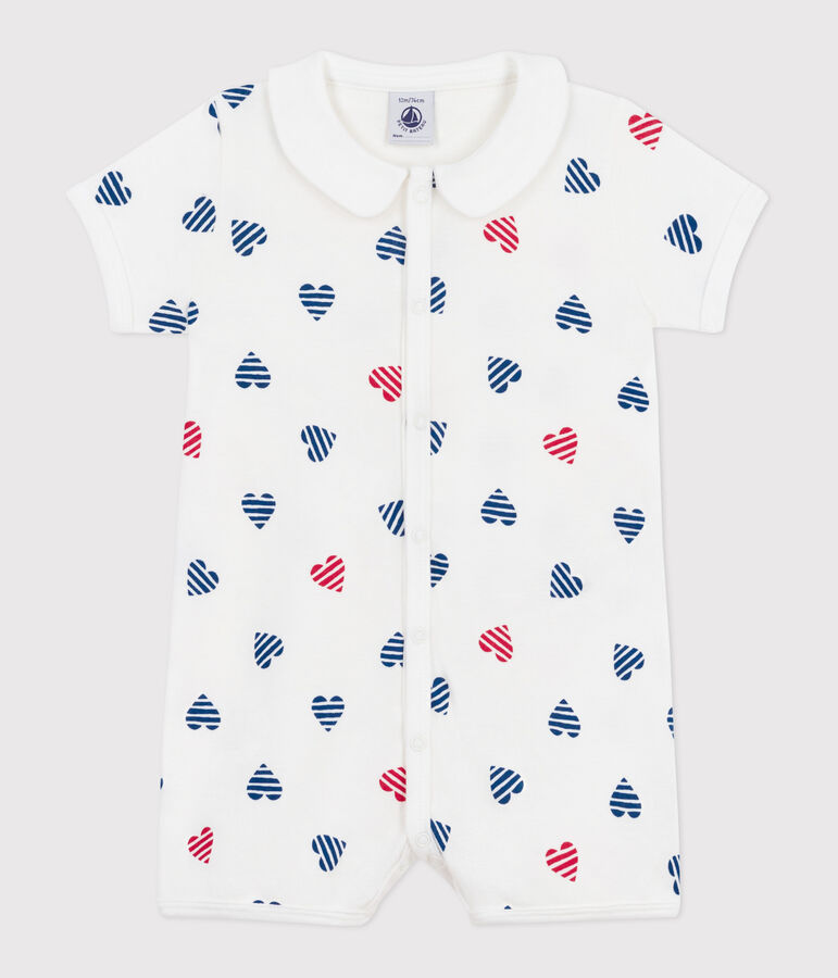 Tutina corta in cotone con colletto a cuori a righe neonato bianco MARSHMALLOW/bianco MULTICO