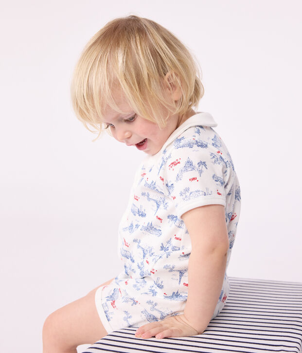 Tutina corta in cotone con colletto e stampa Parigi neonato bianco/multicolore