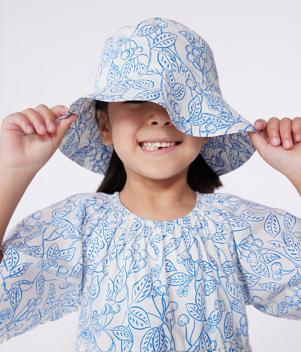 Cappello in popeline stampato da bambina blu/blu