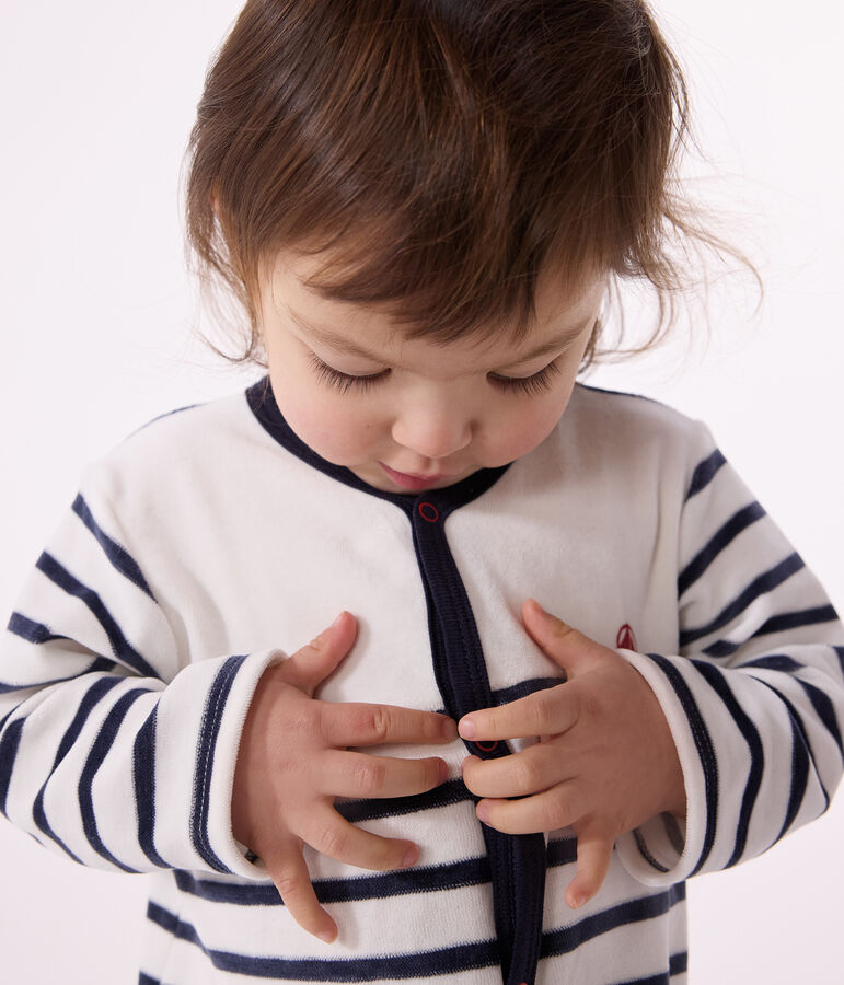 Pigiama beb&egrave; a righe in ciniglia bianco/blu