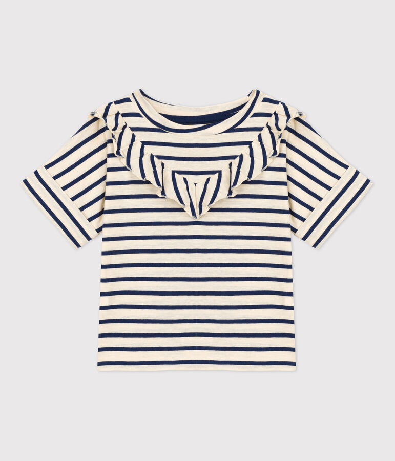 T-shirt a maniche corte in cotone bambina ecru/blu