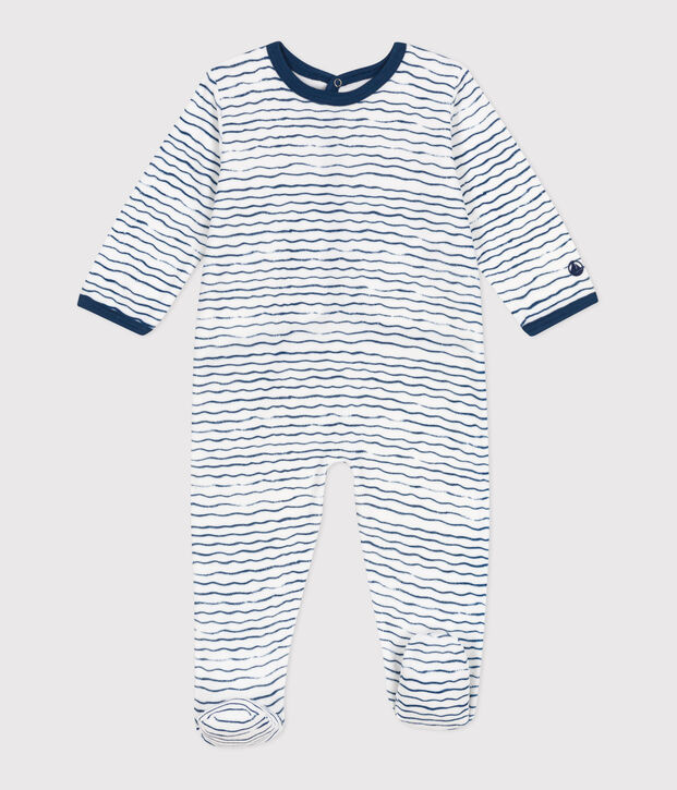 Tutina pigiama neonato in ciniglia bianco/blu