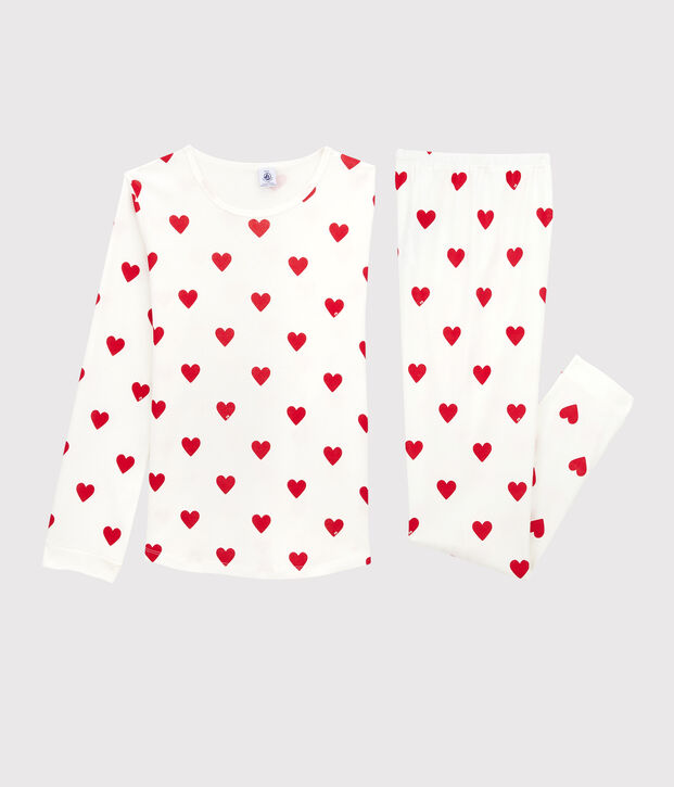 Pigiama bambina fantasia cuori a costine bianco/rosso