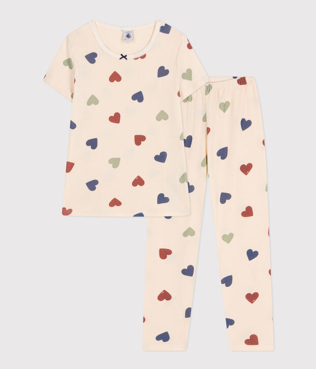 Pigiama bambino in cotone con motivo cuore ecru/multicolore