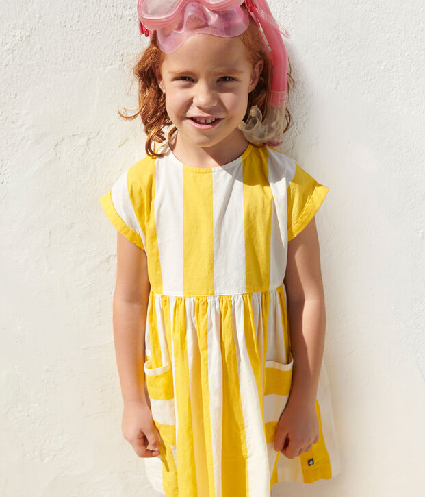Abito a maniche corte in cotone a righe bambina bianco/giallo