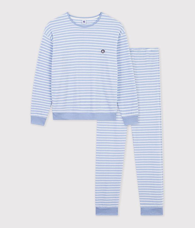 Pigiama in spugna di cotone a righe donna blu/ecru