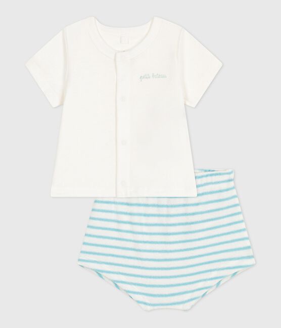 Completo nascita due pezzi in cotone con parte inferiore a righe blu MARSHMALLOW/ AQUATIC