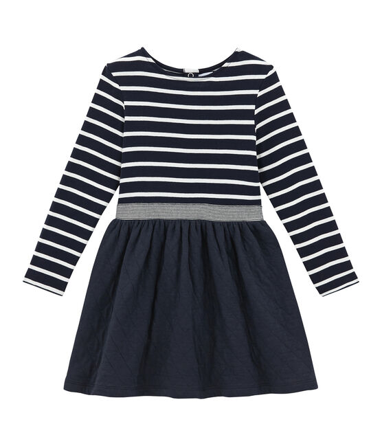 Abito rigato doppio tessuto per bambina blu SMOKING/bianco MARSHMALLOW