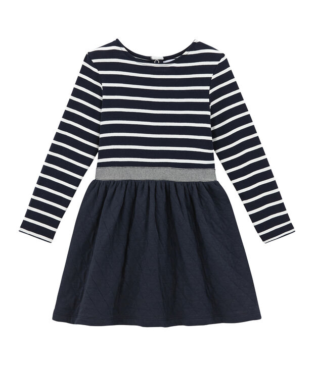 Abito rigato doppio tessuto per bambina blu/bianco